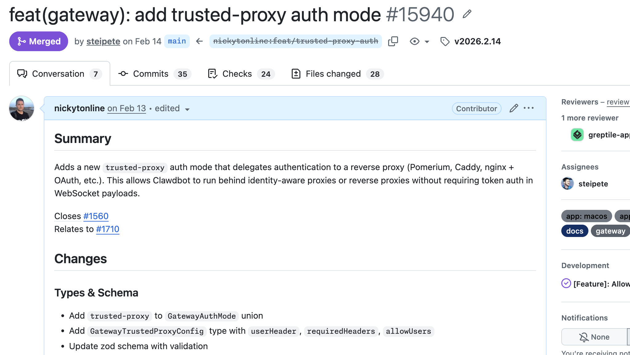 GitHub PR #15940: feat(gateway): add trusted-proxy auth mode, merged